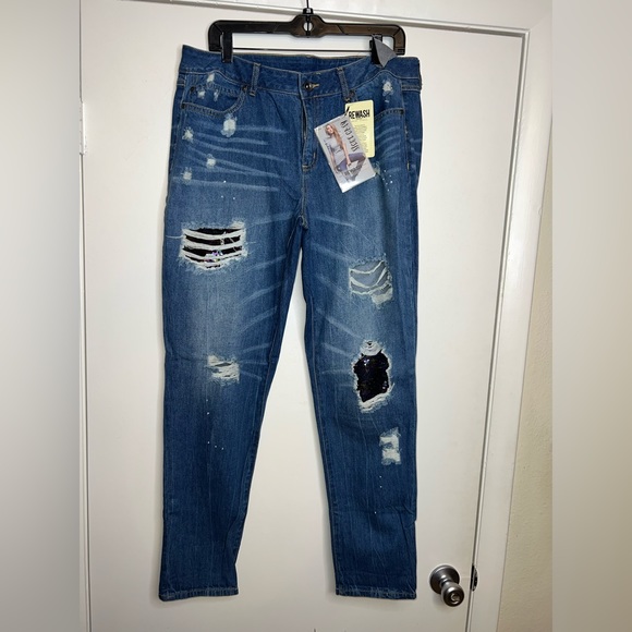 Rewash Brand Ultra Stretch Classic Rise Denim Jeans Sequin Patches Sz 17/33 - Picture 1 of 11